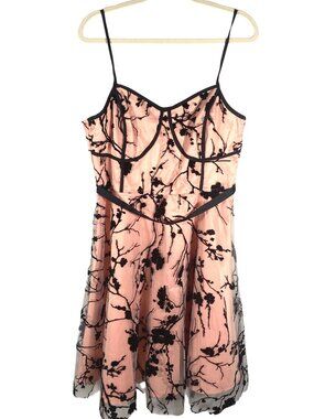 Floral A-Line party Dress Spaghetti Straps Sheer Pink & Black velvet appliqué